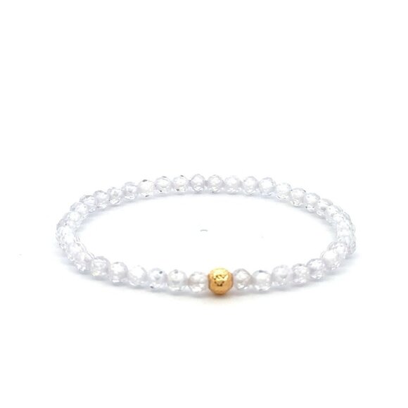 18K Gold Bead Charm Stretchable Bracelet Clear Faceted  Zircon Gemstones - Picture 3 of 12